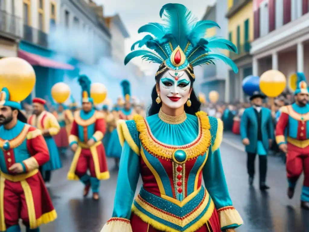 Deslumbrante desfile de carnaval en Uruguay con coloridos trajes y espectadores alegres