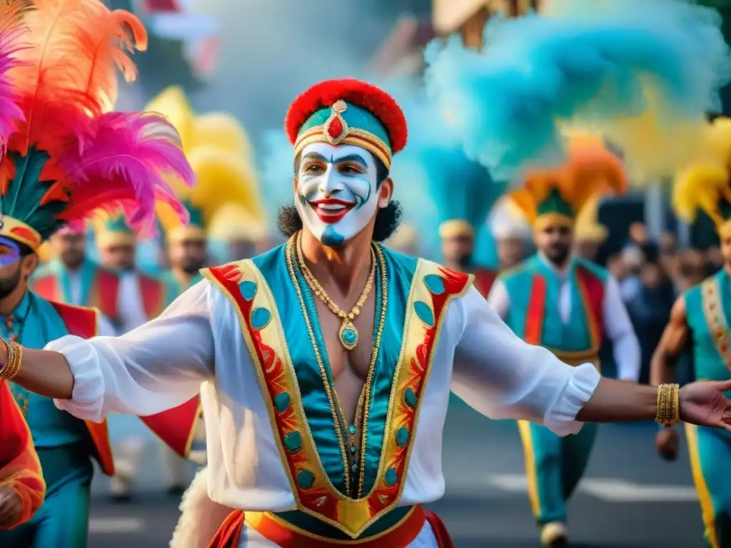 Deslumbrante desfile de Carnaval en Uruguay con danzantes en trajes coloridos, capturando la alegría del Carnaval Uruguayo