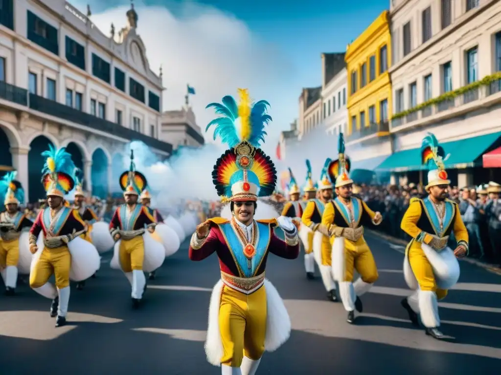 Deslumbrante desfile de Carnaval en Uruguay con danzas, músicos y carros coloridos