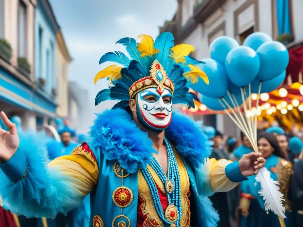 Deslumbrante desfile de carnaval en Uruguay con diseños vibrantes en azul, rojo y amarillo