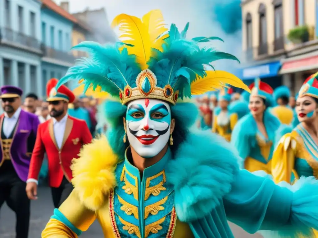 Deslumbrante desfile de Carnaval en Uruguay con disfraces elaborados y vibrantes carros alegóricos