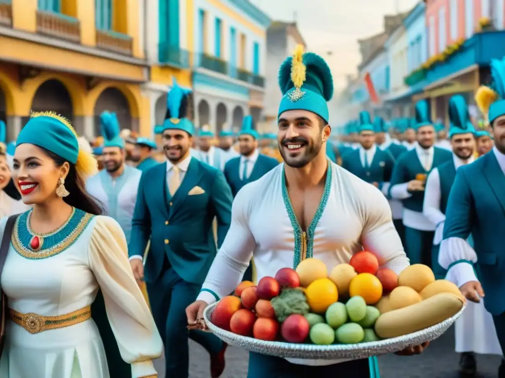 Deslumbrante desfile del Carnaval en Uruguay con espectadores disfrutando snacks saludables