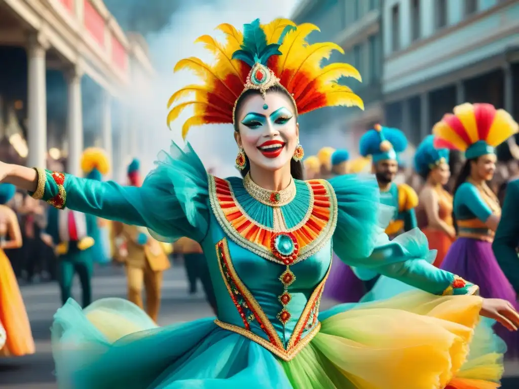 Un deslumbrante desfile de carnaval, influencia tonos color carnaval, baile y alegría en cada detalle