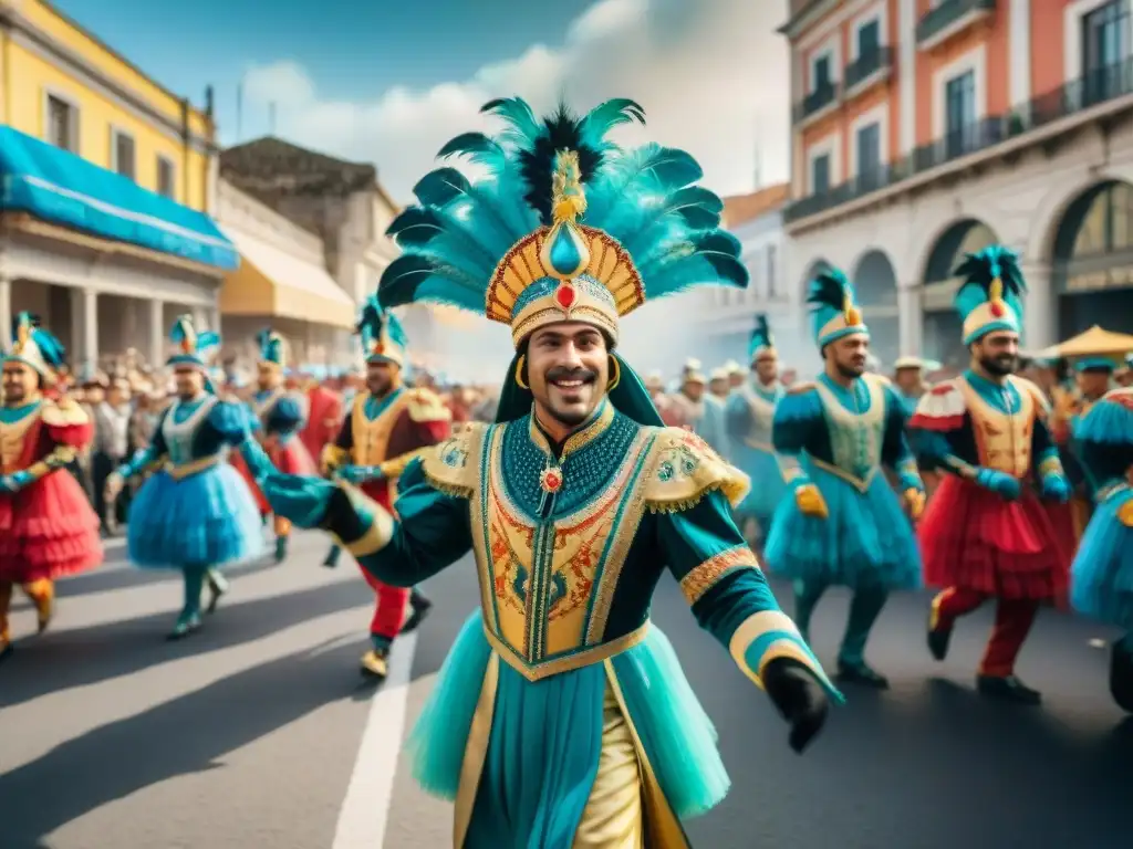 Deslumbrante desfile de Carnaval en Uruguay con músicos y bailarines, una festividad llena de color y alegría