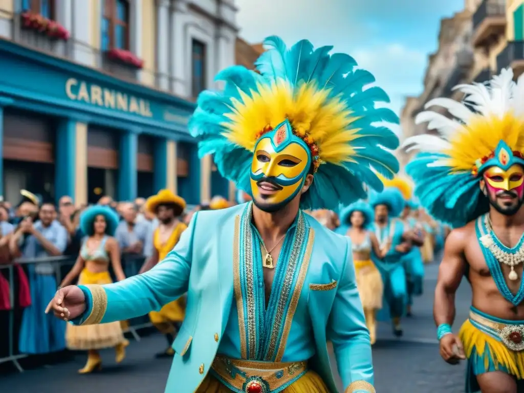 Deslumbrante desfile de Carnaval en Uruguay, con músicos, bailarines y coloridos trajes