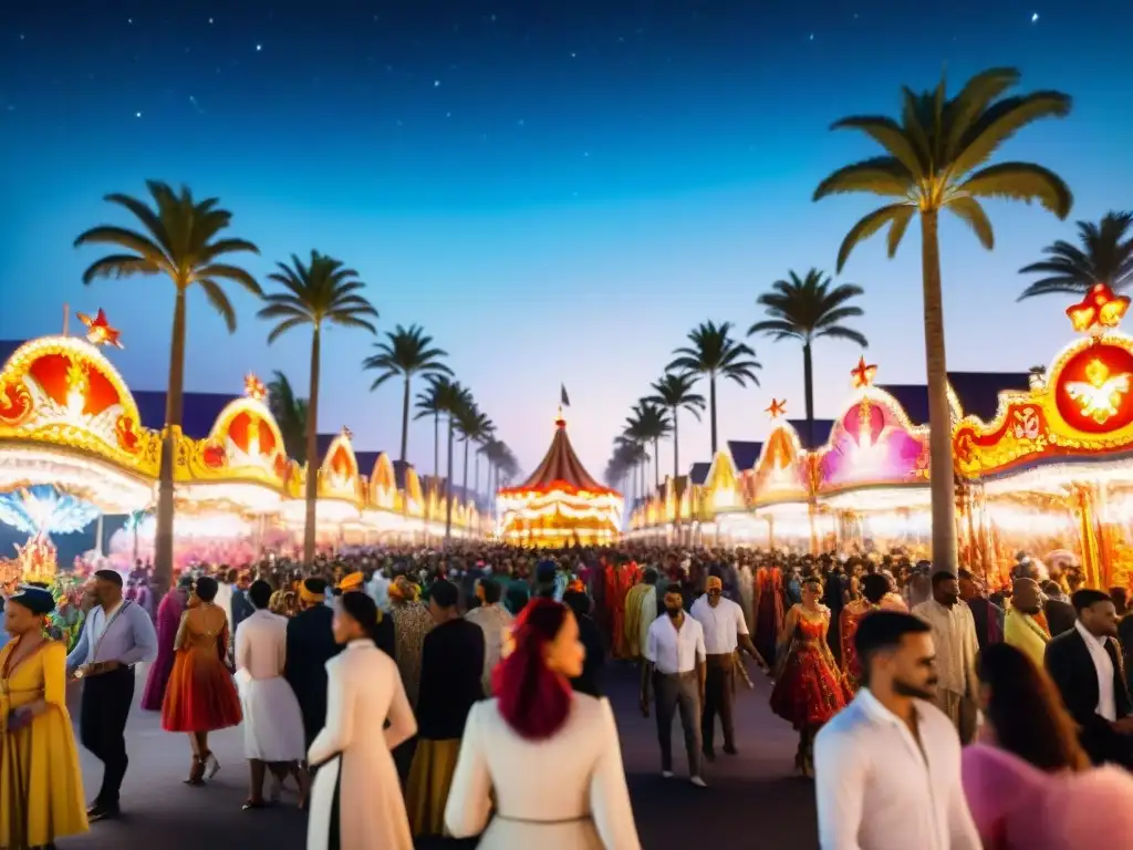 Un deslumbrante desfile de carnaval en la noche, con carrozas coloridas y artistas en trajes elaborados