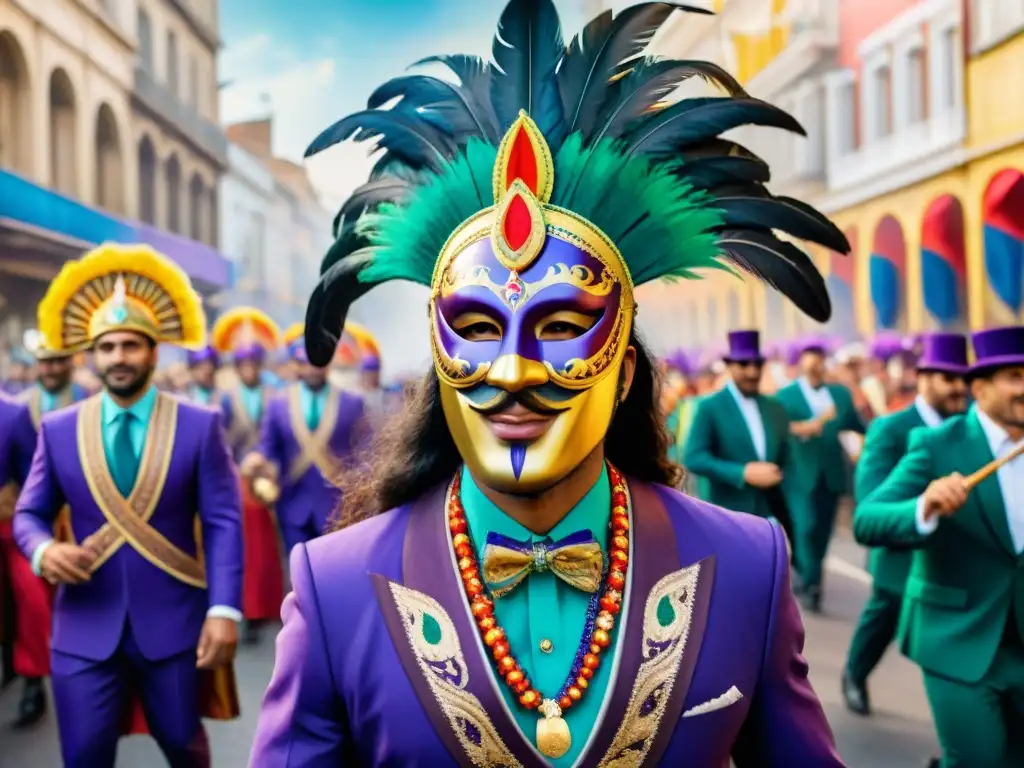 Deslumbrante desfile de carnaval en Uruguay con trajes coloridos y detalles en una vibrante pintura acuarela