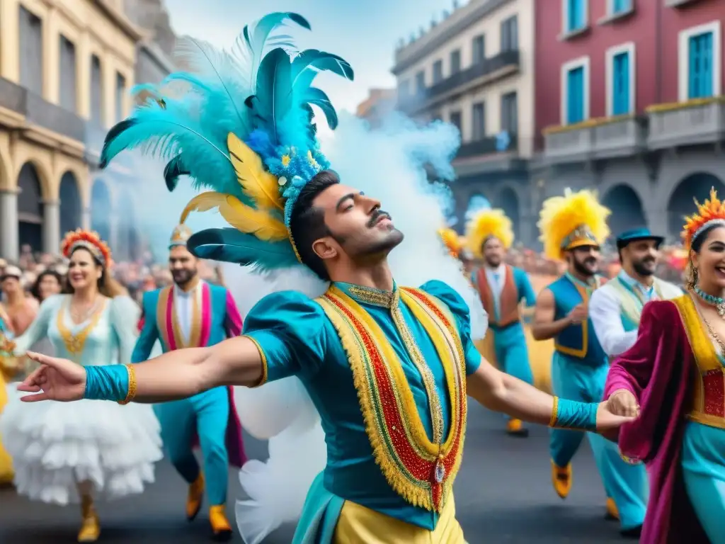 Deslumbrante desfile de Carnaval en Uruguay con trajes tradicionales y celebración en las calles