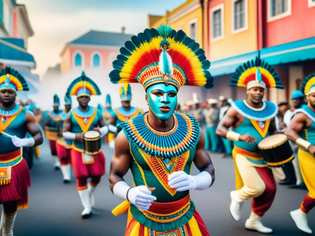 Deslumbrante desfile de Carnaval con trajes coloridos y máscaras elaboradas al ritmo de tambores africanos