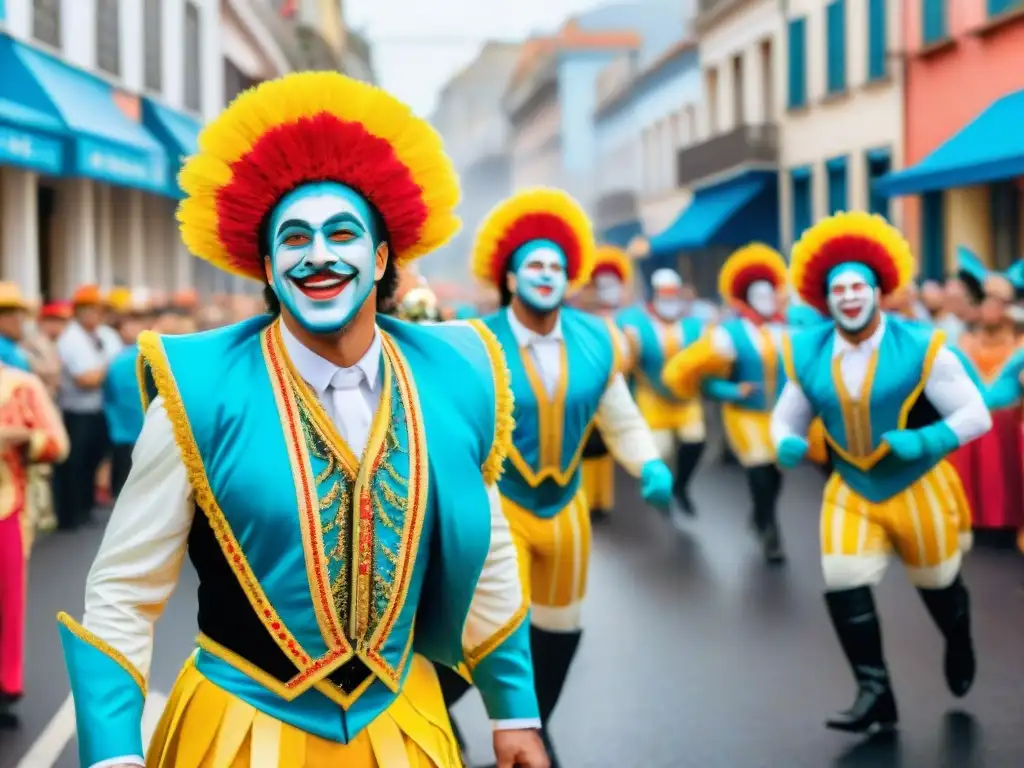 Deslumbrante desfile de Carnaval en Uruguay con trajes y bailes, reflejando Transformaciones políticas Carnaval Uruguayo