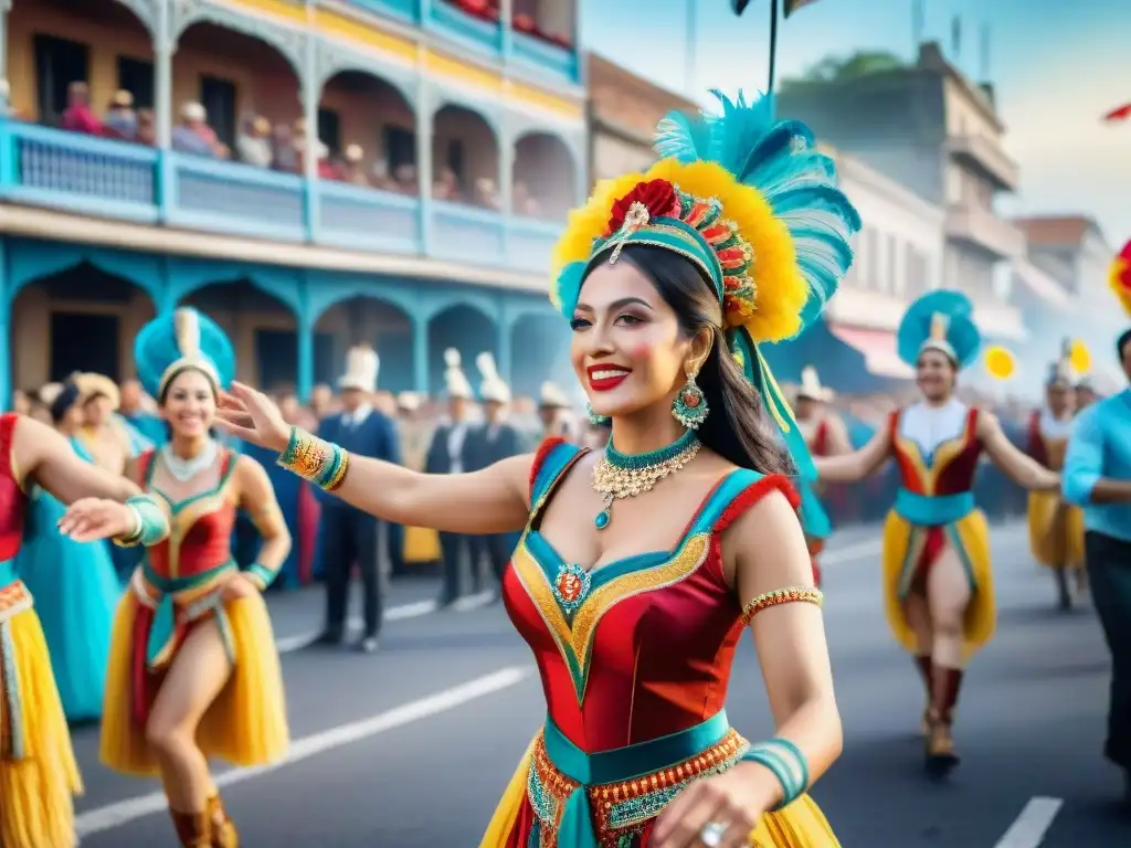 Deslumbrante desfile de Carnaval en Uruguay, con trajes coloridos y ritmo vibrante