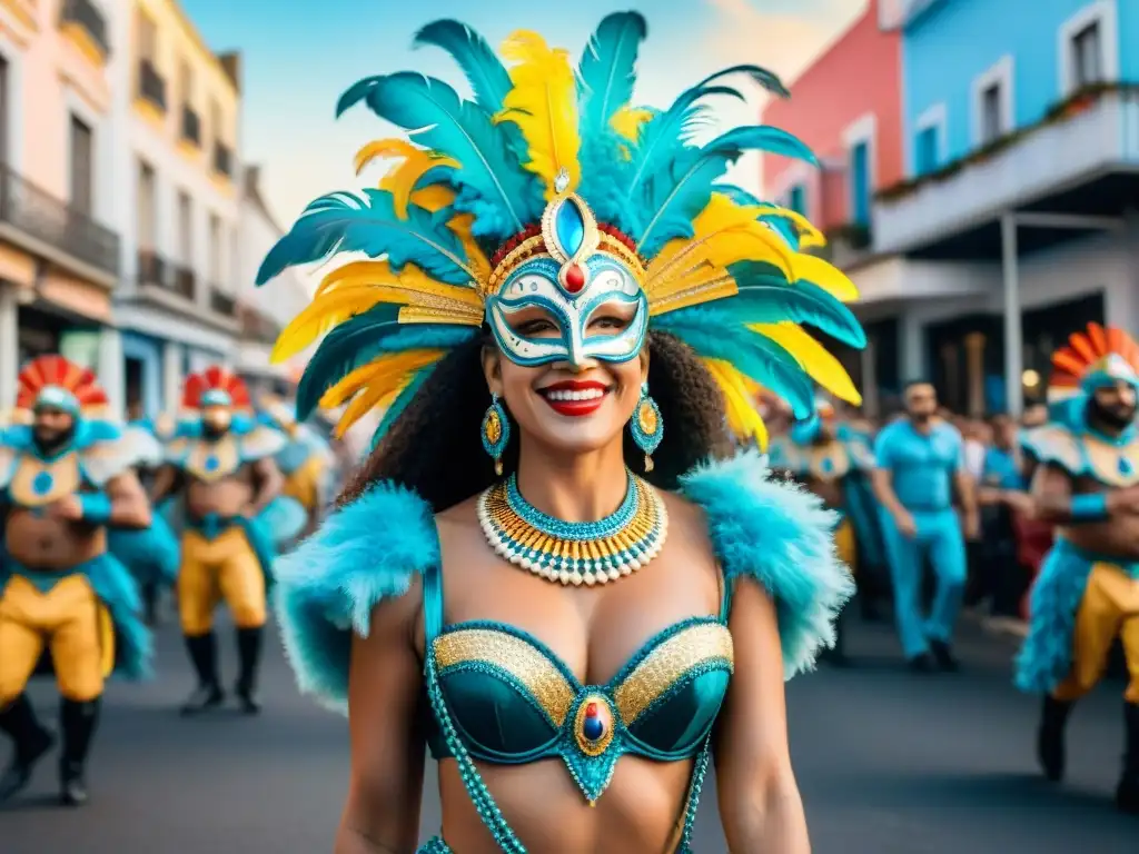 Deslumbrante desfile de carnaval en Uruguay con trajes elaborados y coloridos