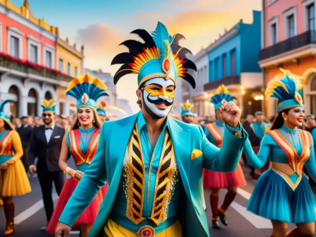 Deslumbrante desfile de carnaval en Uruguay con trajes y carrozas coloridas, artistas bailando al ritmo de la música tradicional