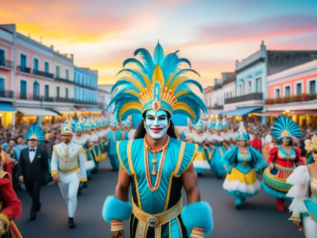 Deslumbrante desfile de Carnaval en Uruguay con trajes y carrozas detallados bajo un cielo al atardecer