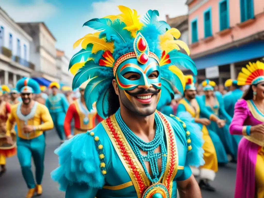 Deslumbrante desfile de Carnaval en Uruguay, con trajes coloridos y máscaras, reflejando la energía y alegría de la festividad