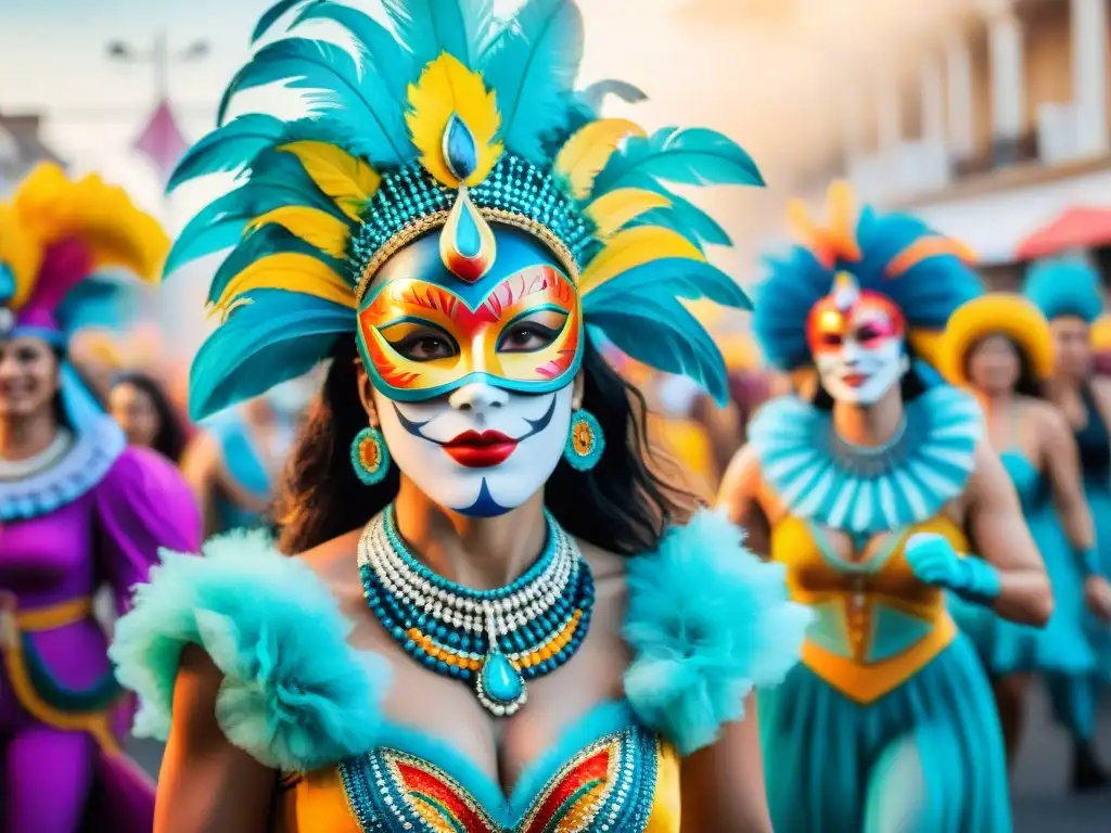 Deslumbrante desfile de Carnaval en Uruguay, con trajes detallados y baile alegre