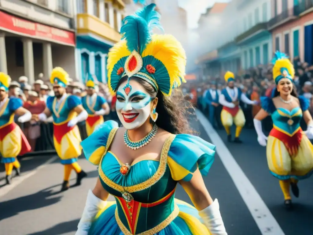 Deslumbrante desfile de Carnaval en Uruguay, con trajes coloridos y música alegre