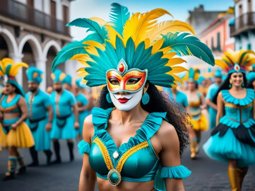 Deslumbrante desfile de Carnaval en Uruguay con trajes coloridos y danzas exuberantes en la historia digital Carnaval Uruguayo