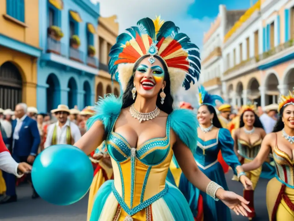 Deslumbrante desfile de Carnaval en Uruguay con trajes coloridos y música alegre