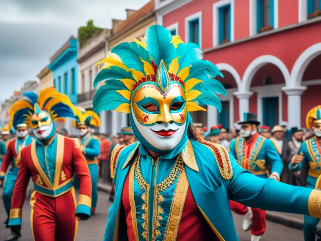 Deslumbrante desfile de Carnaval Uruguayo, máscaras y trajes coloridos en vibrante pintura acuarela