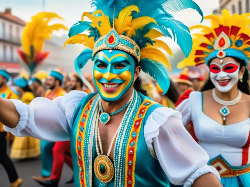 Deslumbrante desfile del Carnaval Uruguayo con trajes y máscaras coloridas, expresiones alegres y bailes animados