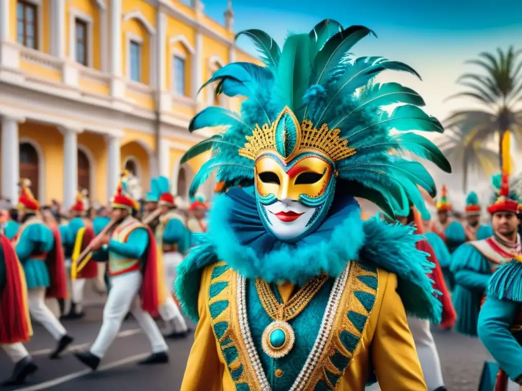 Deslumbrante desfile del Carnaval Uruguayo 2022 con coloridos trajes, carrozas y bailarines al ritmo de la música tradicional