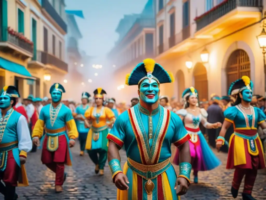 Deslumbrante desfile de Carnaval Uruguayo frente a hoteles, con danzas y colores vibrantes