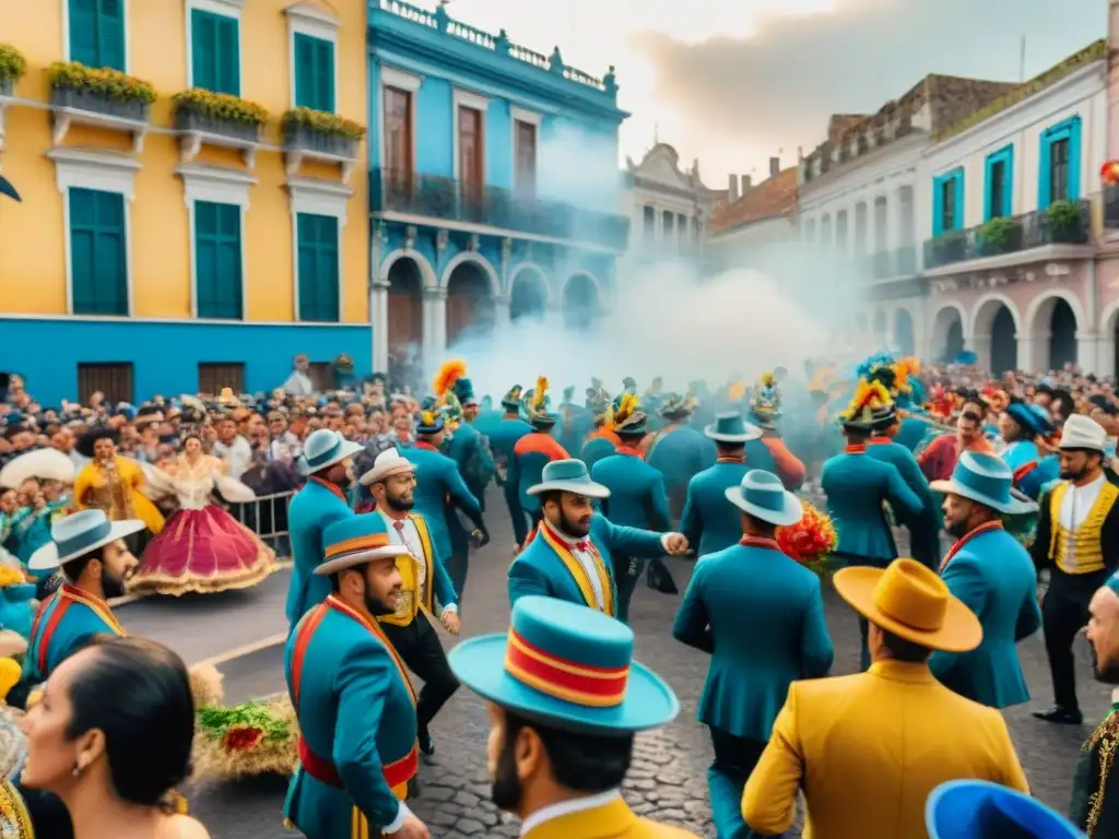 Deslumbrante desfile del Carnaval Uruguayo con coloridos trajes y carrozas, alegría y música tradicional, reparto ingresos Carnaval Uruguayo