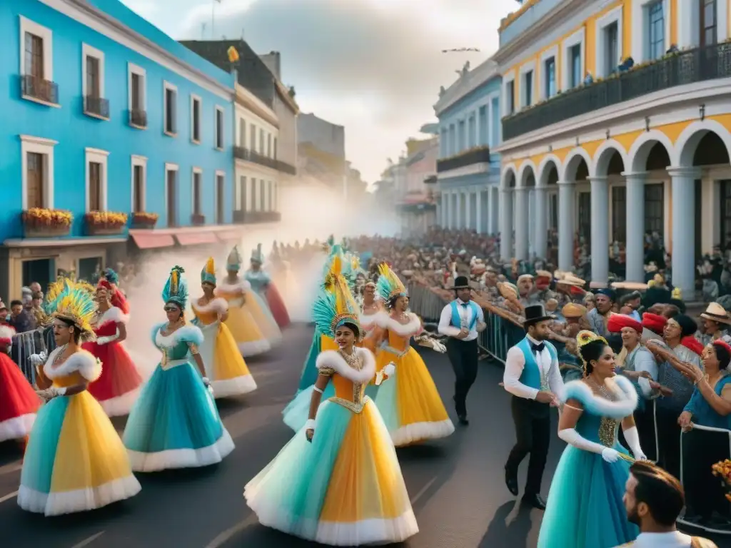 Deslumbrante Desfile Carnaval Uruguayo en vivo, con carrozas, bailarines y música, contra el telón de fondo de edificios coloniales históricos