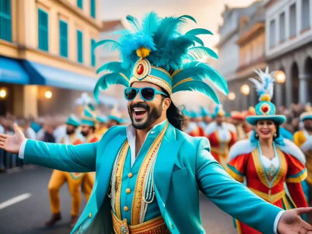 Deslumbrante desfile en el Carnaval Uruguayo, con carros alegóricos, bailarines y espectadores disfrutando