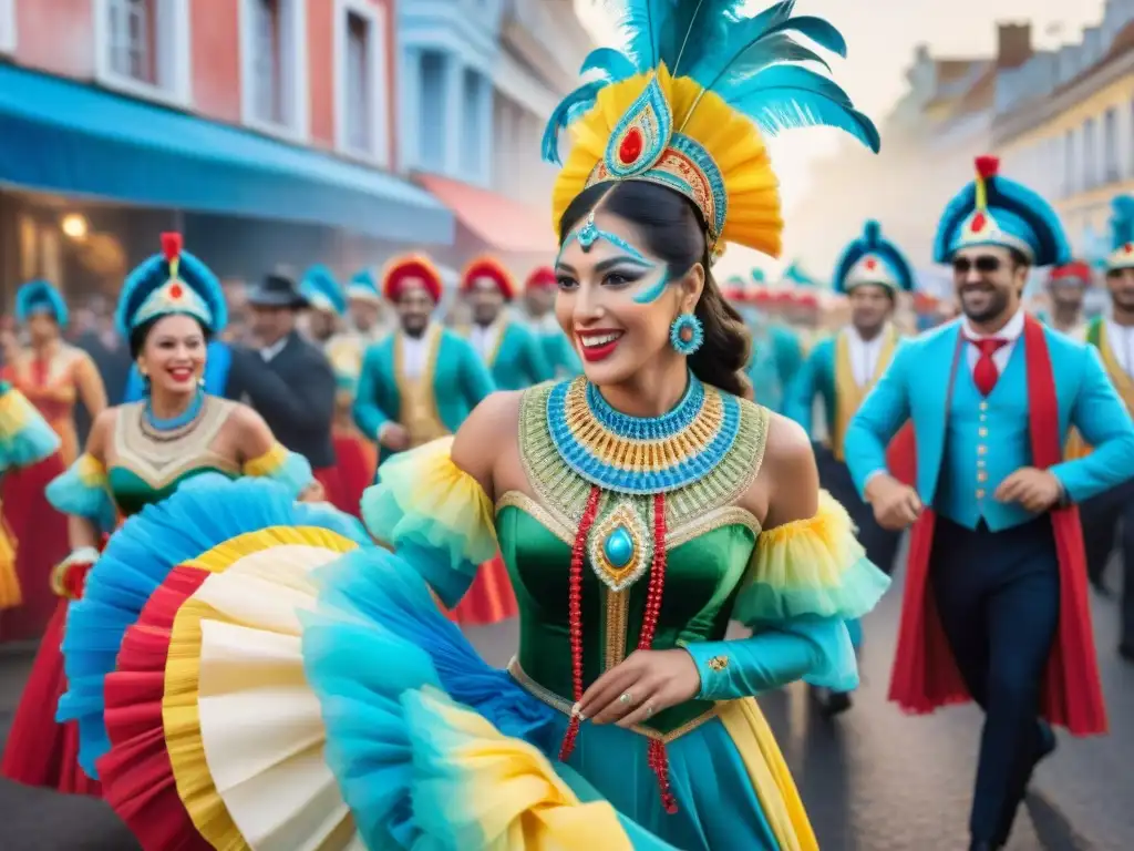 Deslumbrante ilustración acuarela de desfile en Carnaval Uruguayo