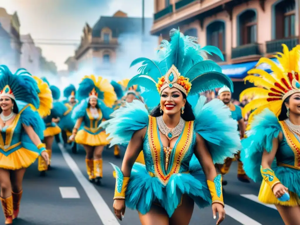 Deslumbrante desfile de Carnaval Uruguayo con coloridos trajes y espectadores animados