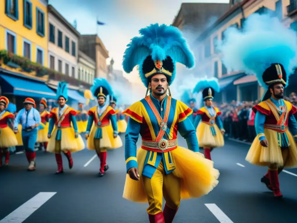 Deslumbrante desfile del Carnaval Uruguayo con coloridos carros alegóricos, bailarines y arquitectura tradicional