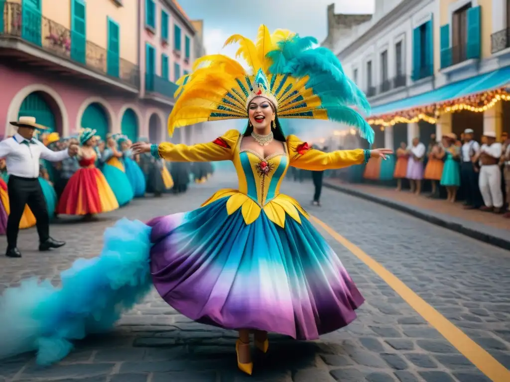 Deslumbrante desfile de Carnaval Uruguayo: coloridos bailarines en trajes festivos recorren las calles empedradas