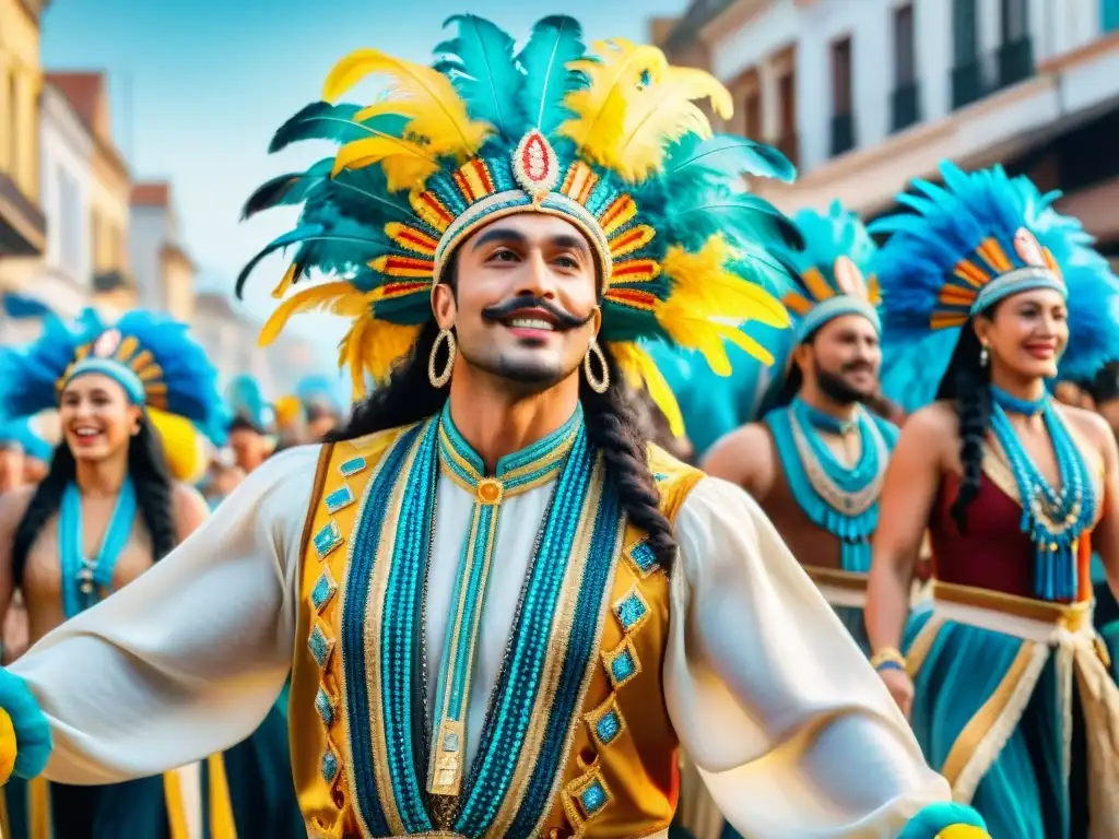 Deslumbrante desfile de Carnaval Uruguayo: bailarines con trajes tradicionales y plumas, multitud animada