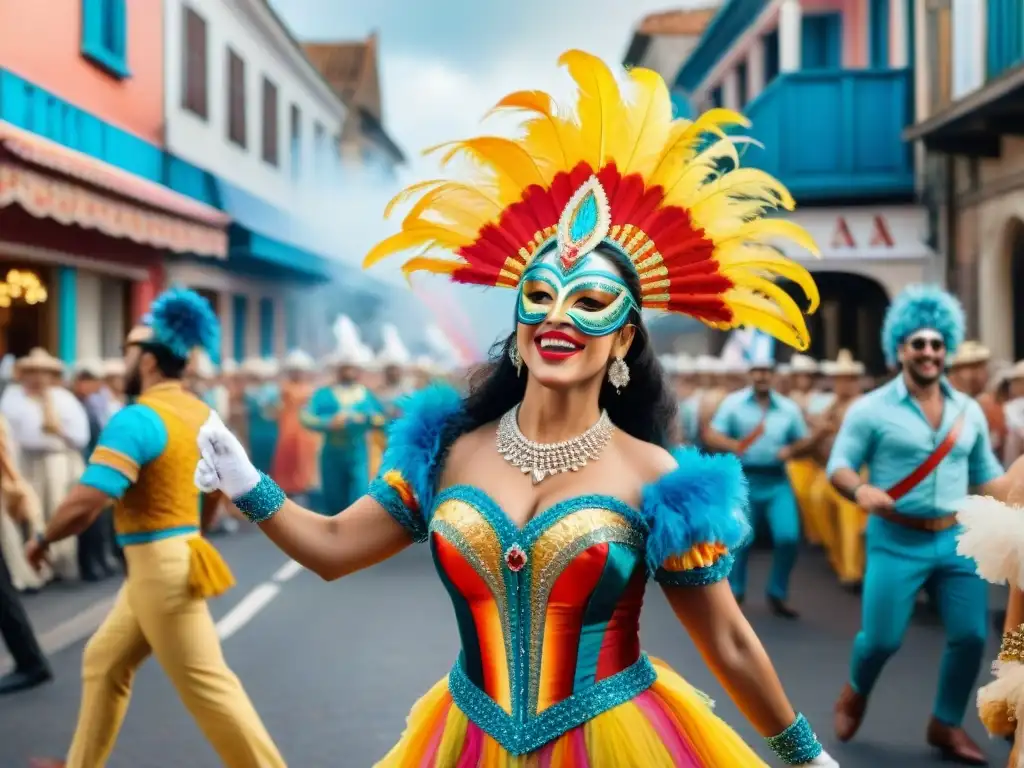 Deslumbrante desfile de Carnaval Uruguayo con bailarines coloridos y vibrantes disfraces en una animada calle