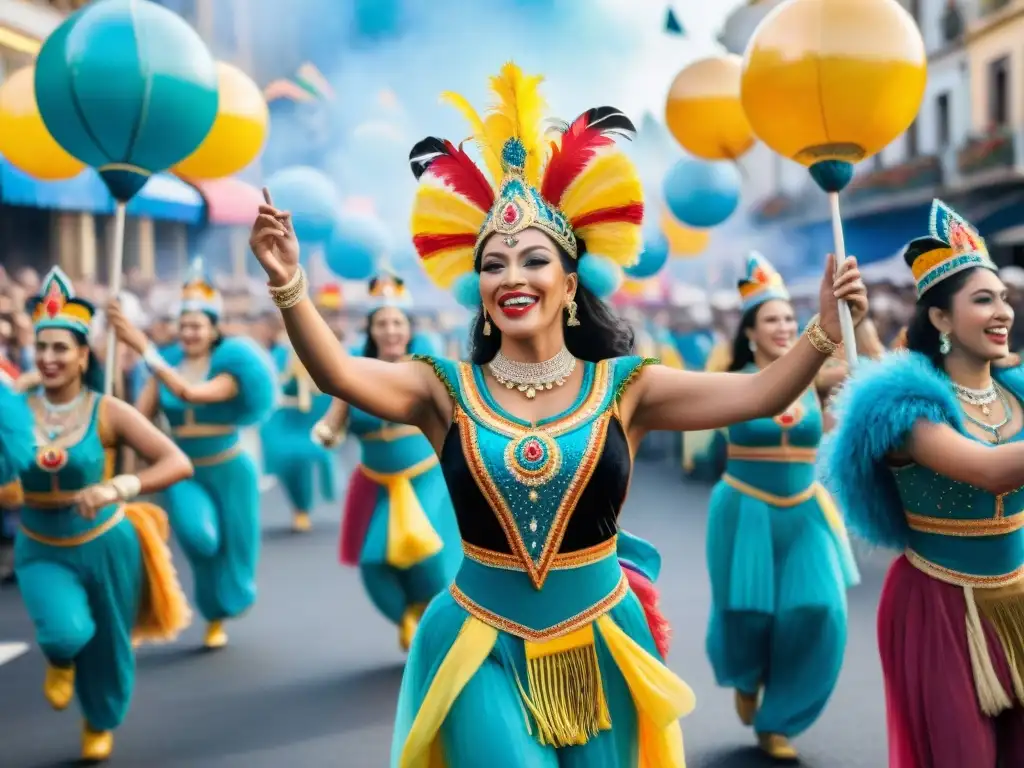 Deslumbrante desfile del Carnaval Uruguayo con coloridos carros alegóricos y bailarines en trajes tradicionales, celebrando con entusiasmo