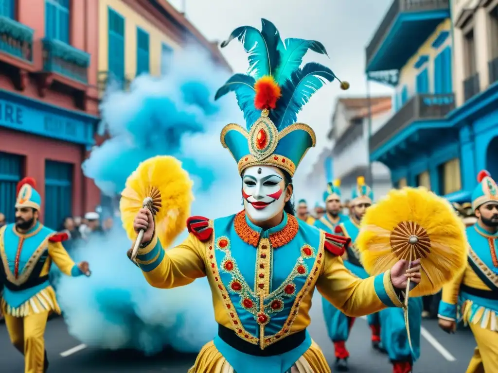 Deslumbrante desfile en Carnaval Uruguayo con floats y bailarines, fusionando tradición e innovación