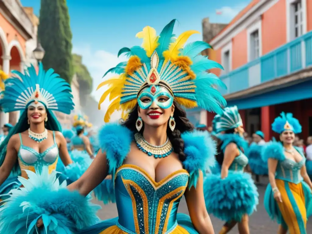 Deslumbrante desfile de Carnaval Uruguayo sostenible con bailarines y coloridos trajes en las calles