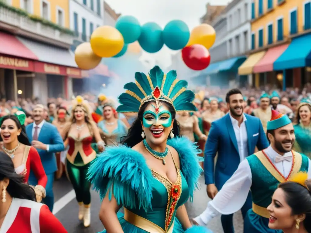 Deslumbrante desfile del Carnaval Uruguayo, con vibrantes colores y energía, destacando narrativas de marca