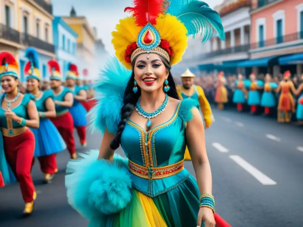 Deslumbrante desfile en el Carnaval Uruguayo con colores vibrantes y música festiva