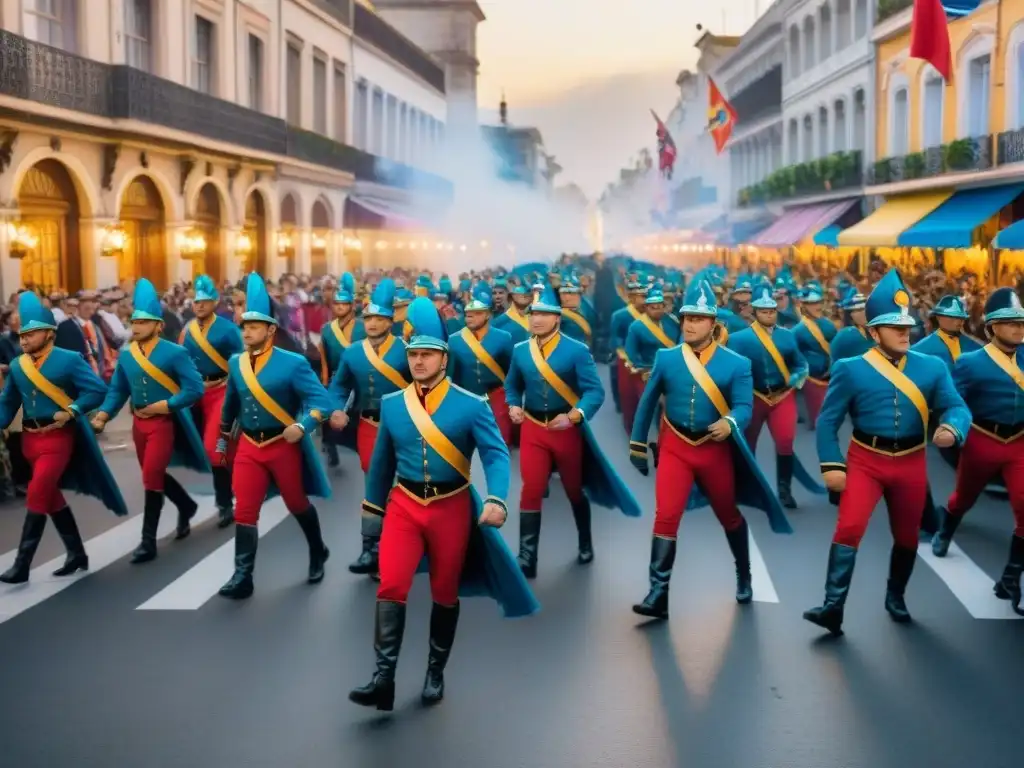 Deslumbrante desfile del Carnaval Uruguayo, con carrozas coloridas, bailarines y espectadores animados