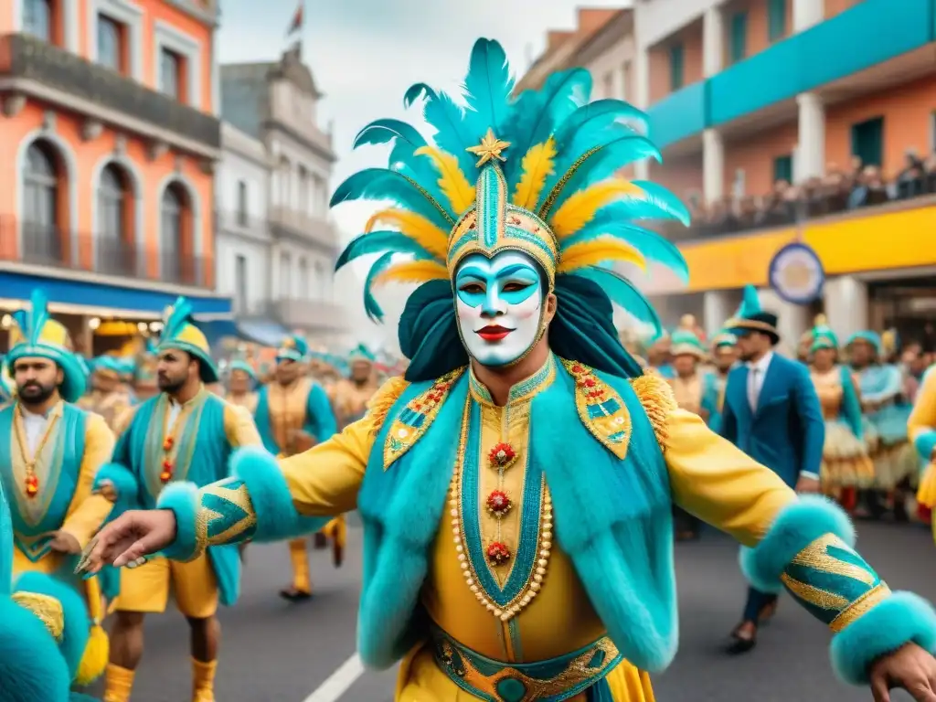 Deslumbrante desfile del Carnaval Uruguayo con coloridos carros alegóricos, bailarines y espectadores, capturando la energía festiva