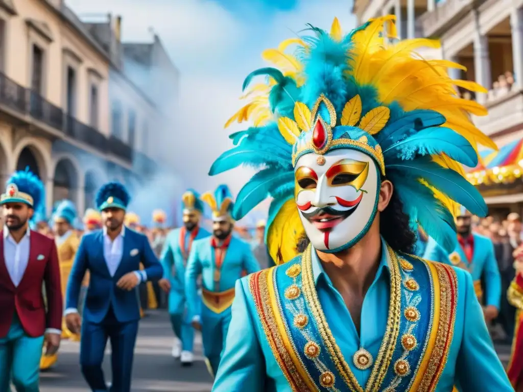 Deslumbrante desfile de Carnaval Uruguayo con coloridos trajes y carrozas, en las calles de Uruguay