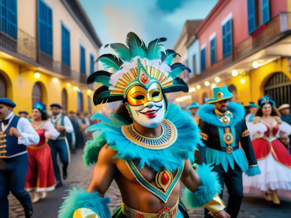 Deslumbrante desfile de Carnaval Uruguayo con danzantes y música en calles empedradas