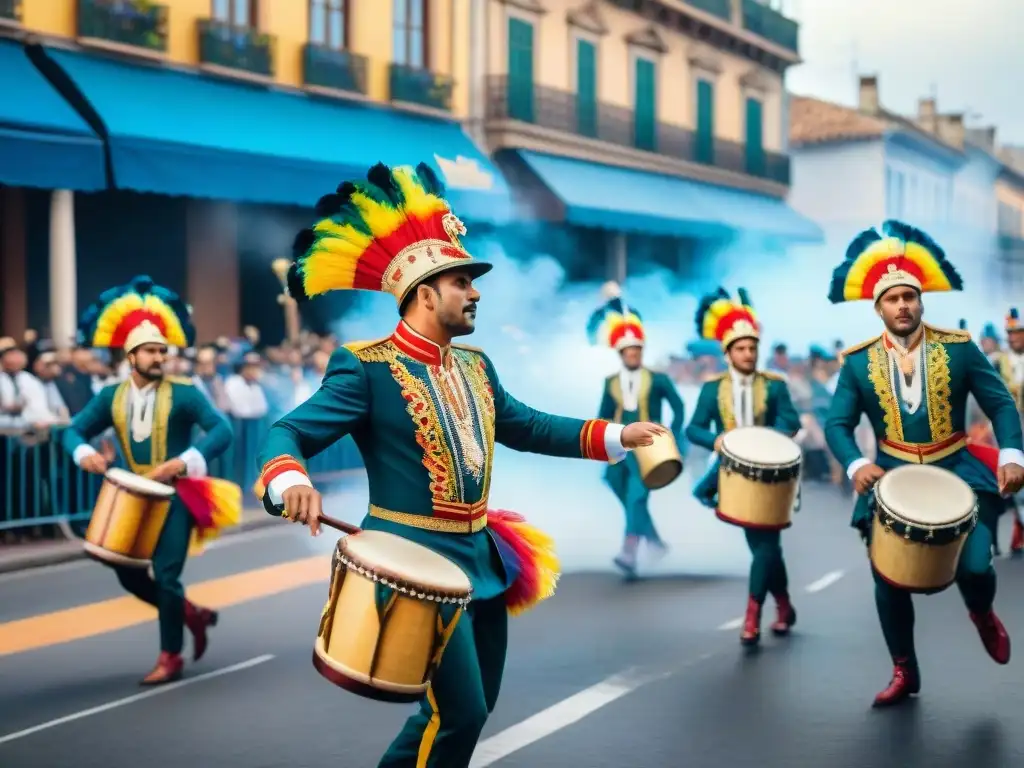 Deslumbrante desfile del Carnaval Uruguayo con danzarines y carrozas, capturando los Orígenes del Carnaval Uruguayo