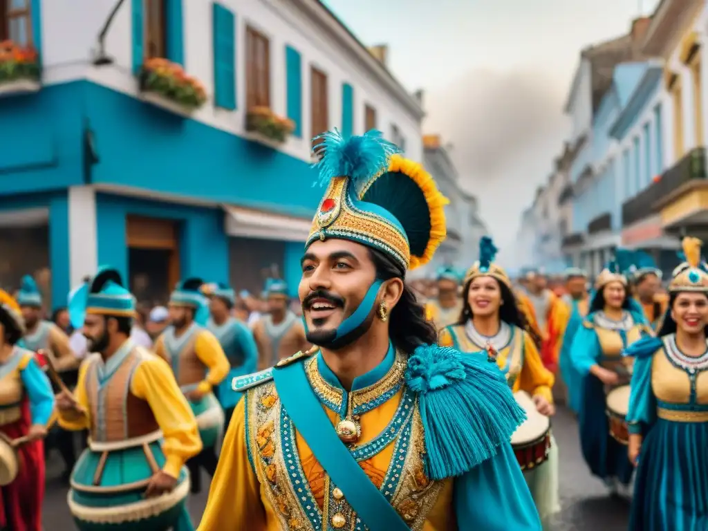 Deslumbrante desfile del Carnaval Uruguayo con coloridos trajes y música tradicional