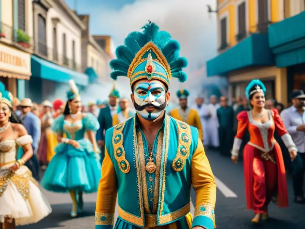 Deslumbrante desfile de Carnaval Uruguayo con artistas y espectadores vibrantes