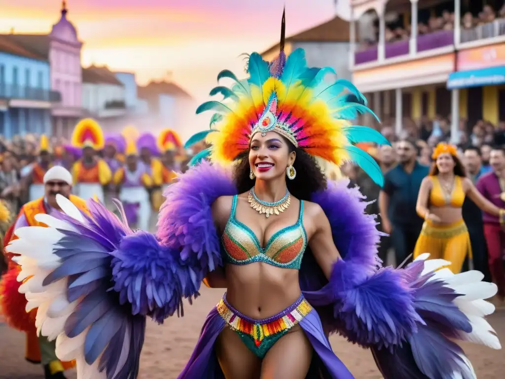 Deslumbrante desfile en el Carnaval Uruguayo con vestuario sostenible y coloridas plumas