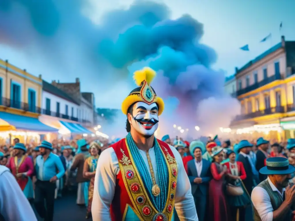 Deslumbrante desfile de Carnaval Uruguayo con coloridos trajes y carros alegóricos, en un festivo recorrido por las calles